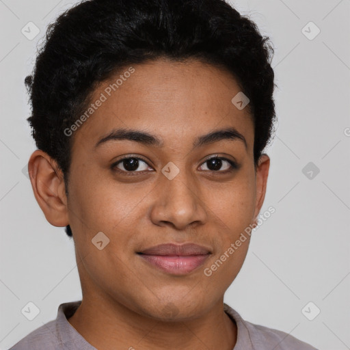 Joyful latino young-adult female with short  brown hair and brown eyes