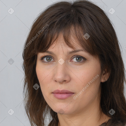 Neutral white young-adult female with medium  brown hair and brown eyes