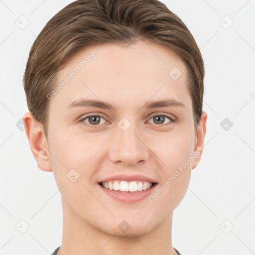 Joyful white young-adult female with short  brown hair and brown eyes