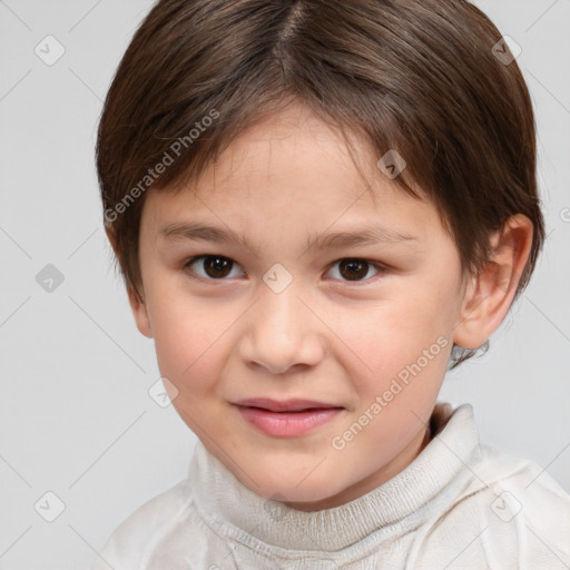 Joyful white child female with medium  brown hair and brown eyes