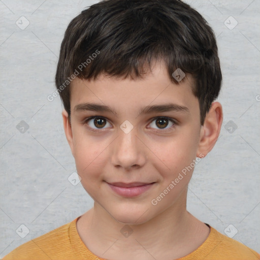 Joyful white child male with short  brown hair and brown eyes