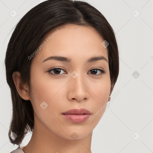 Neutral white young-adult female with medium  brown hair and brown eyes