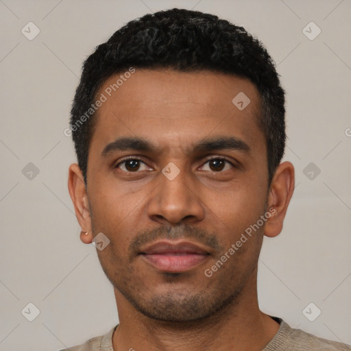 Neutral latino young-adult male with short  black hair and brown eyes