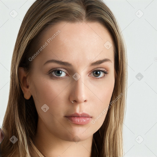 Neutral white young-adult female with long  brown hair and brown eyes