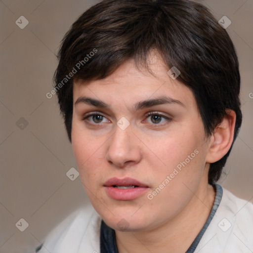 Neutral white young-adult female with medium  brown hair and brown eyes