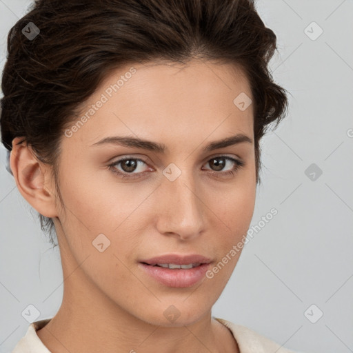 Neutral white young-adult female with short  brown hair and brown eyes