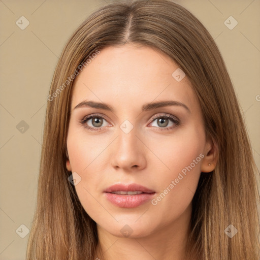 Neutral white young-adult female with long  brown hair and brown eyes