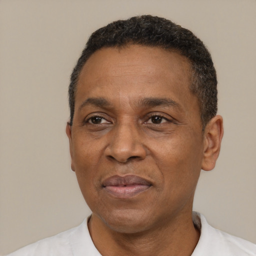 Joyful latino adult male with short  black hair and brown eyes