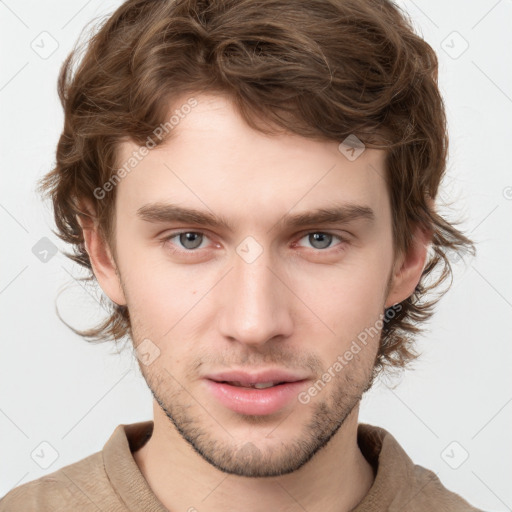 Neutral white young-adult male with short  brown hair and grey eyes