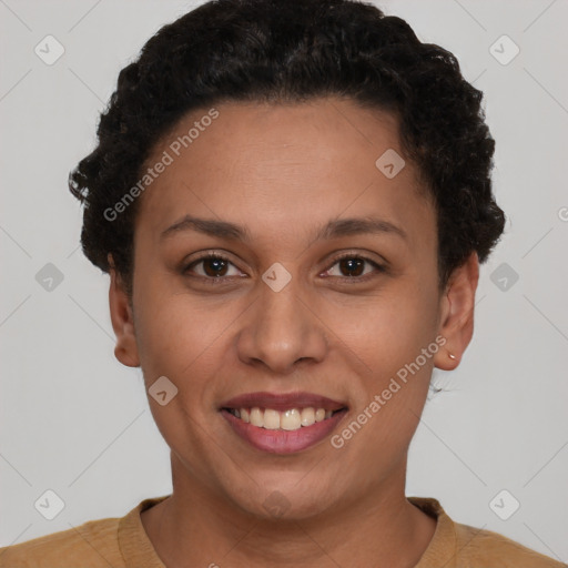 Joyful latino young-adult female with short  brown hair and brown eyes