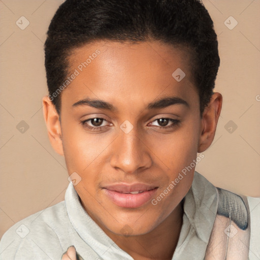 Joyful black young-adult female with short  brown hair and brown eyes