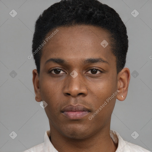 Neutral black young-adult male with short  black hair and brown eyes