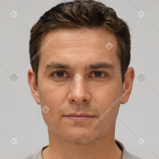 Neutral white adult male with short  brown hair and brown eyes