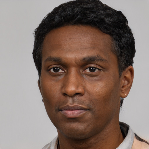 Neutral latino adult male with short  black hair and brown eyes