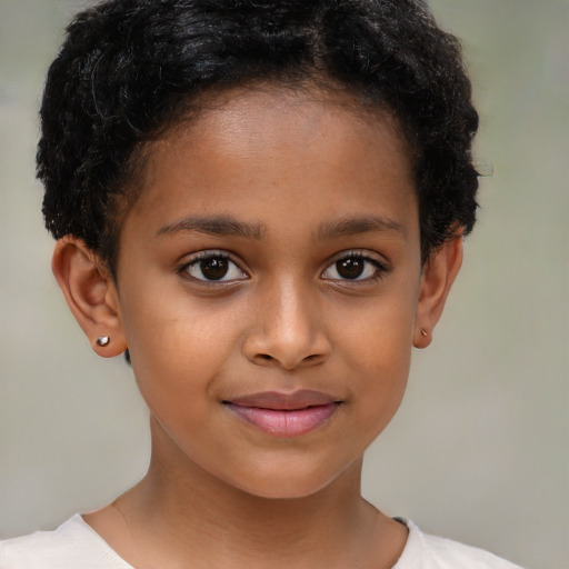 Joyful black child female with short  brown hair and brown eyes