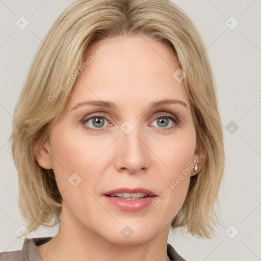 Joyful white young-adult female with medium  brown hair and blue eyes