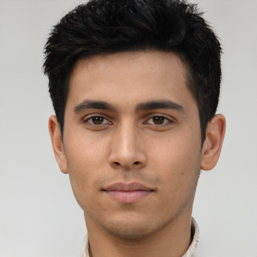 Neutral asian young-adult male with short  black hair and brown eyes