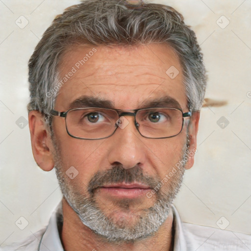 Neutral white middle-aged male with short  gray hair and brown eyes