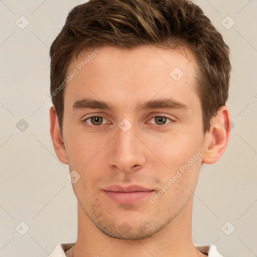 Neutral white young-adult male with short  brown hair and brown eyes