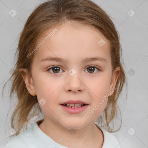 Joyful white child female with medium  brown hair and brown eyes