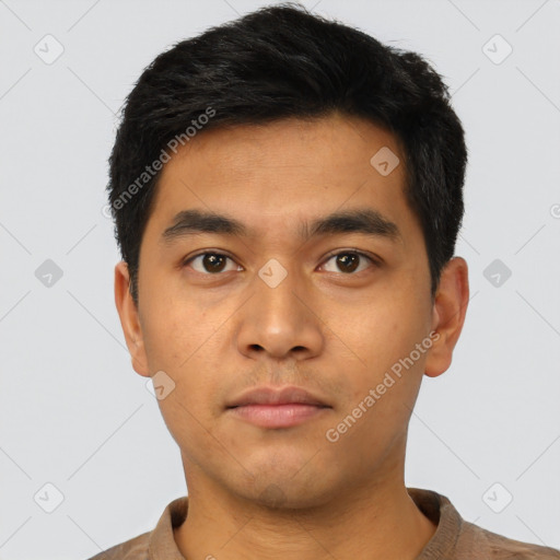 Neutral asian young-adult male with short  black hair and brown eyes