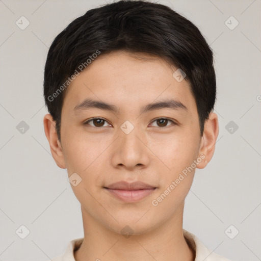 Neutral asian young-adult male with short  brown hair and brown eyes