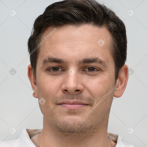 Joyful white young-adult male with short  brown hair and brown eyes