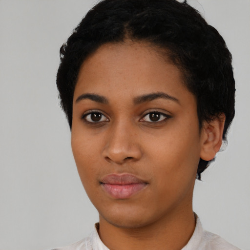 Neutral latino young-adult female with short  black hair and brown eyes