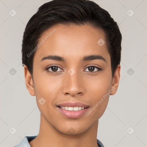 Joyful white young-adult female with short  black hair and brown eyes