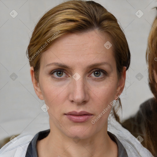 Joyful white young-adult female with medium  brown hair and blue eyes