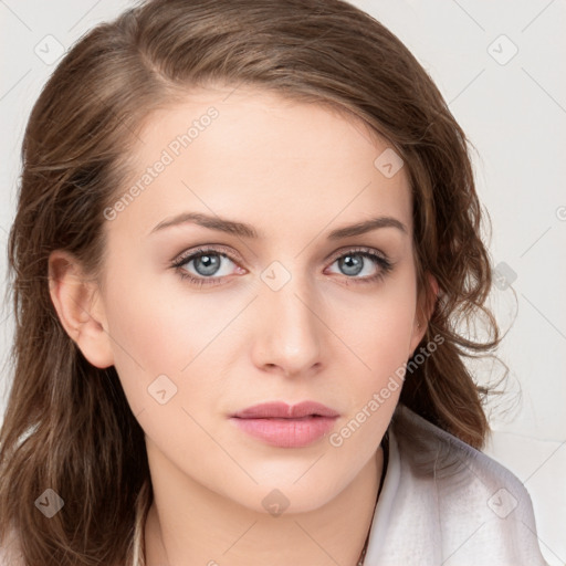 Neutral white young-adult female with long  brown hair and blue eyes