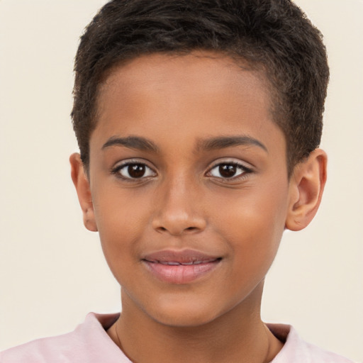 Joyful latino child female with short  brown hair and brown eyes