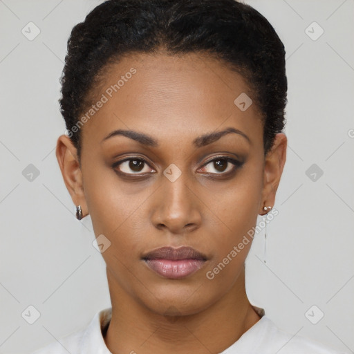 Neutral black young-adult female with short  brown hair and brown eyes