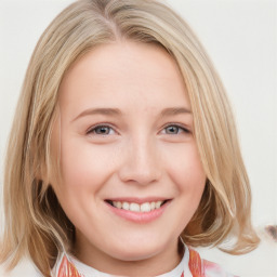 Joyful white young-adult female with medium  brown hair and blue eyes