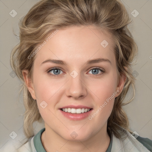 Joyful white young-adult female with medium  brown hair and blue eyes