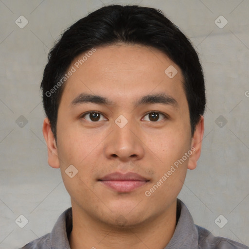 Neutral asian young-adult male with short  black hair and brown eyes