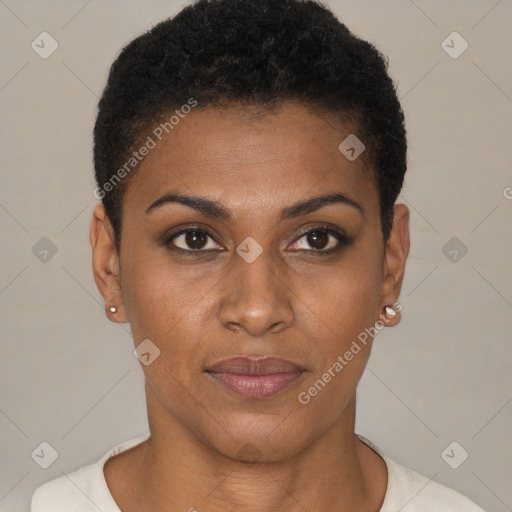 Joyful black young-adult female with short  black hair and brown eyes