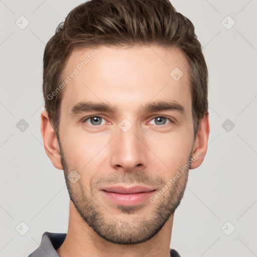 Neutral white young-adult male with short  brown hair and grey eyes