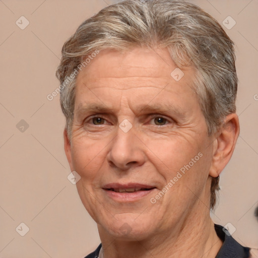 Joyful white middle-aged male with medium  brown hair and brown eyes