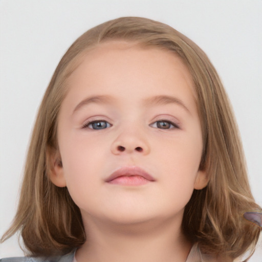 Neutral white child female with medium  brown hair and grey eyes