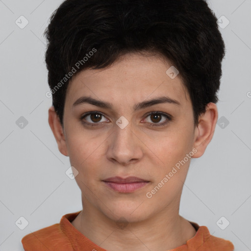 Joyful white young-adult female with short  brown hair and brown eyes