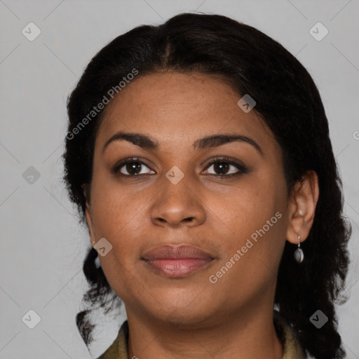 Joyful black young-adult female with medium  black hair and brown eyes