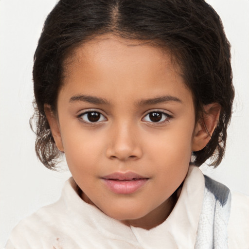 Joyful white child female with medium  brown hair and brown eyes