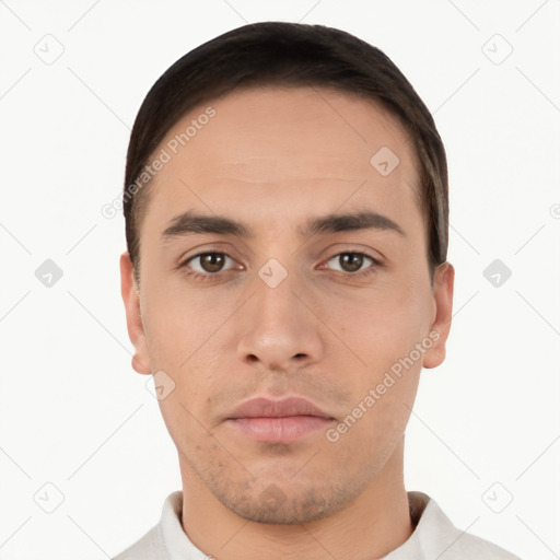 Neutral white young-adult male with short  brown hair and brown eyes