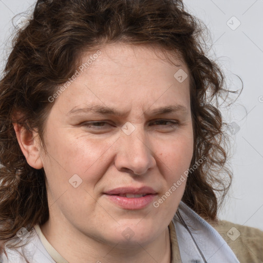 Joyful white adult female with medium  brown hair and blue eyes