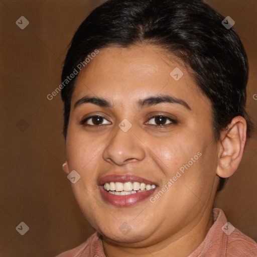 Joyful latino young-adult female with medium  brown hair and brown eyes