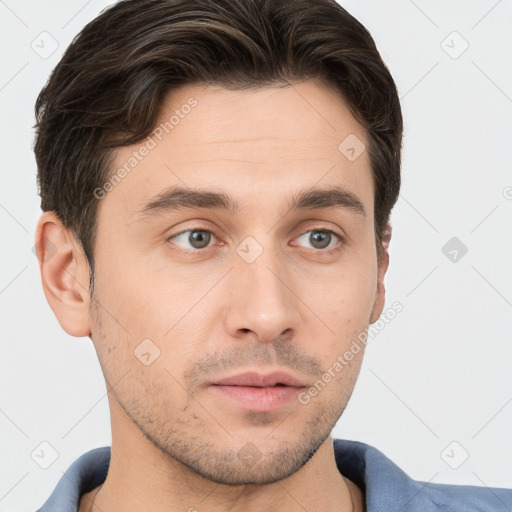 Neutral white young-adult male with short  brown hair and brown eyes