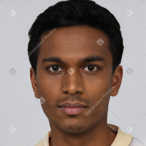 Neutral black young-adult male with short  black hair and brown eyes