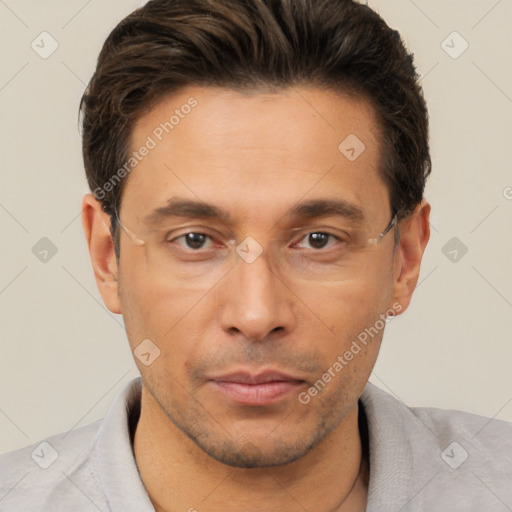 Neutral white adult male with short  brown hair and brown eyes