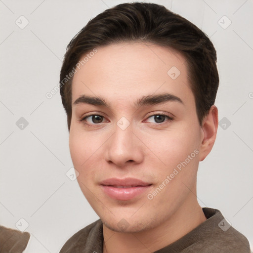 Neutral white young-adult male with short  brown hair and brown eyes